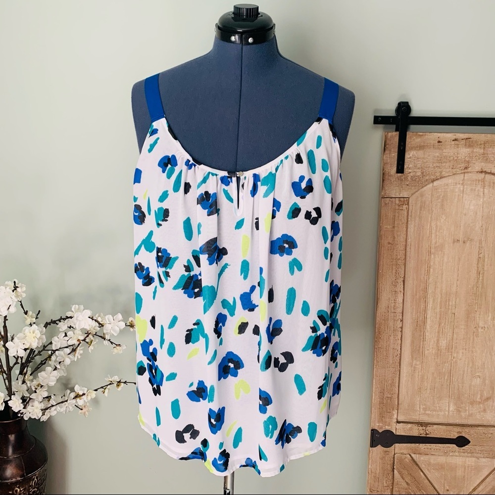 Lane Bryant White Floral Print Tank with Blue Straps